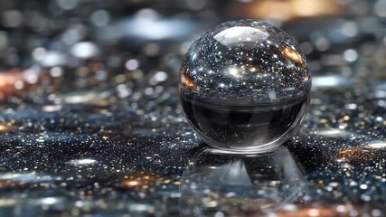 Wall Mural - A Crystal Sphere Reflecting a Galaxy: Detailed Macro Shot of a Transparent Glass Orb on a Dark Glittery Surface, Showing a Cosmos of Blue, Gold, and