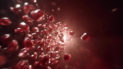 Wall Mural - A Profusion of Red Pomegranate Seeds Falling Through Dark Space Illuminated by a Glowing Light Source Creating a Dynamic and Textural Visual Effect