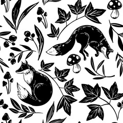 Wall Mural - fox and flowers seamless pattern, vintage monochrome vector drawing, engraving style