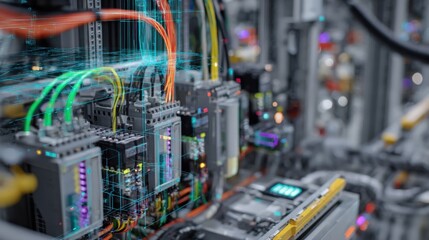 Poster - Detailed shot of interconnected cables and circuits on a control panel reflecting the complex network of energy management systems optimized for the factorys utility demands.