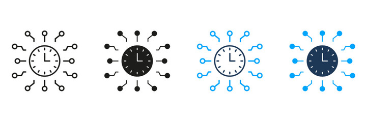 Poster - Clock With Circuit Lines Line And Solid Icon Set. Time Management And Digital Connectivity Symbol Collection. Technology And Network Integration. Isolated Vector Illustration