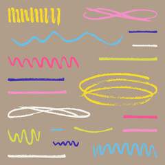 Wall Mural - Realistic Brush Drawn Sketch. Set of Design Elements Bright Colorful Squiggles and Lines Isolated on Craft Paper.