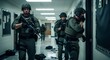 © Patrick - Swat officers advancing through school hallway with tactical gear, rifles and focused stance during security operation. Law enforcement team conducting emergency response drill