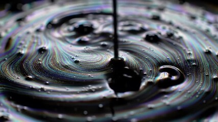 Wall Mural - Close Up View of Iridescent Oil Liquid Swirling with Dark Black Background, Detailed Colorful Texture and Fluid Motion, Macro Photography of