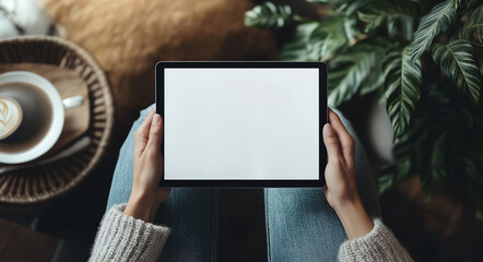 
A close-up image: A woman using a digital tablet with a blank white screen while working. This is a tablet mockup for online marketing or web templates.