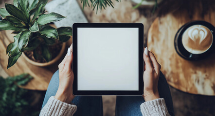 
A close-up image: A woman using a digital tablet with a blank white screen while working. This is a tablet mockup for online marketing or web templates.