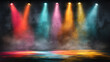 © Taiwo - Colorful concert isometric concert smoky stage. Colorful stage lighting, spotlights stage light fog machine stage decoration. Concert stage dj set, disco lights karaoke night background color stage