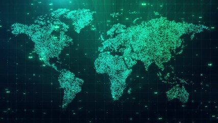 Wall Mural - Futuristic Digital World Map Grid Animation with Glowing Green Particles and Data Codes – Global Technology Background