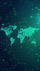 Wall Mural - Futuristic Digital World Map Grid Animation with Glowing Green Particles and Data Codes – Global Technology Background