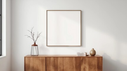 Square poster canvas mockup in modern living room with bureau. 3d rendering
