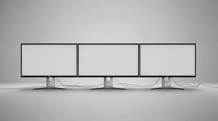 Three Computer Monitors with Ultra-thin display border with blank white screen Mockup