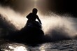 © avaye - Jet ski rider making sharp turn on water, Dramatic backlight highlights water spray, Silhouette in motion at sunset
