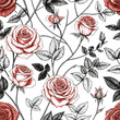 © SHIPON KAZI - Seamless vintage floral pattern with red roses, leaves, and blossoms for a beautiful vector wallpaper design