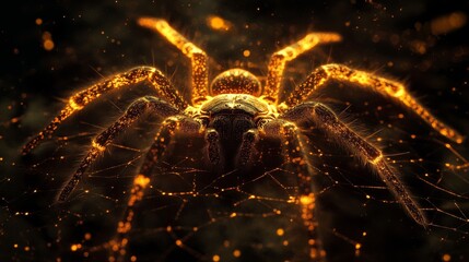Captivating close up of a glowing tarantula s intricate web in a dark, dramatic setting