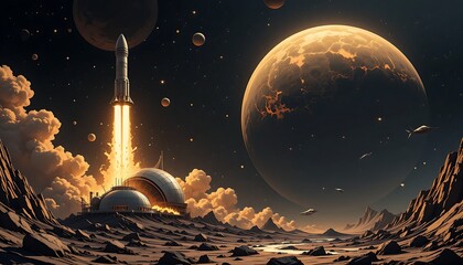 a rocket launches against a dreamlike nebula of pastel pinks and sky blues backdrop of a large celestial body resembling a moon. a futuristic artistic sculpture gardens emerges from rocky terrain