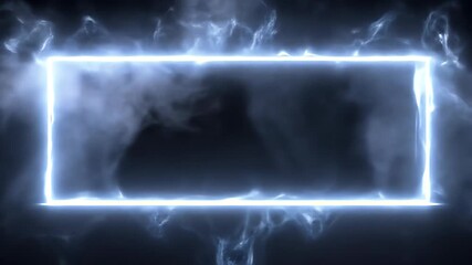 Sticker - Glowing Blue Neon Rectangle Frame in Dark Smoky Background: A Digital Abstract Design with Bright Electric Lines and Energetic Atmosphere.  This
