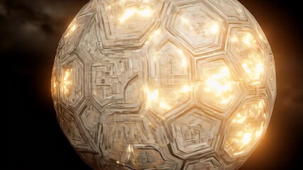Wall Mural - Glowing Metallic Sphere in Dark Space: Detailed 3D Rendering of a Gold Geometric Patterned Sphere with Warm and Cool Lighting Against a Dark Cosmic