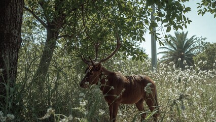 Naklejka na meble Photo of a majestic deer stands gracefully amidst a lush green meadow surrounded by trees in the serene forest landscape