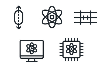 visual representation of technology symbols related to computing and atomic science in a modern layo