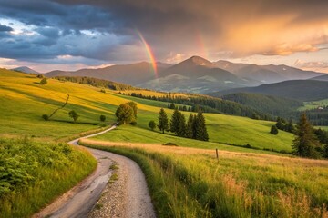  Amazing scene in summer mountains. Lush green grassy meadows in fantastic evening sunlight. Rural road and beautiful rainbow in dramatic sky. 