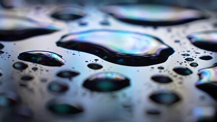Wall Mural - Macro Photography of Iridescent Water Droplets on Dark Surface: Detailed Close Up of Blue and Teal Colors, Glistening Oil Texture, Smooth Round