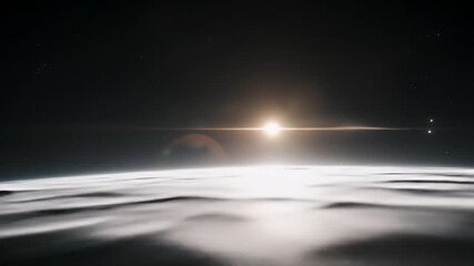 Wall Mural - Majestic Sunrise Over a Distant Planet: A Stunning Space Landscape Featuring a Glowing Golden Sun Rising Above the Horizon of a Cratered, Icy Planet