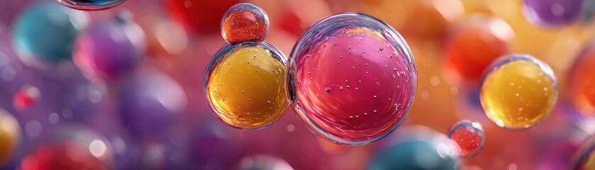 Close-up, vibrant AI bubbles interlinked, seamlessly automating a lively digital workspace