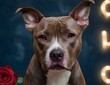© Anuradha - A cute pitbull dog with a rose in a romantic Valentine's Day setting with lights