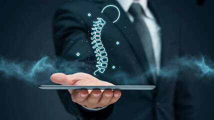 Man in suit holding smartphone with glowing digital dna helix emerging from screen