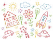 © sporsho - Happy summer landscape drawn in child’s crayon sketch style featuring rainbow, flower, sun, and house. Seamless vector background for preschool, baby, or educational content.