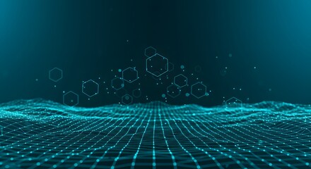 Poster - Abstract technology background with glowing grid and floating hexagons in teal color scheme
