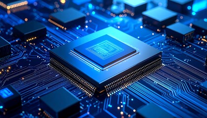 Futuristic Blue Circuit Board with Central Processor Unit and Glowing Connections
