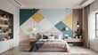 © Aziezah - a bedroom featuring a geometric-patterned wall behind a bed, with matching nightstands and pendant lights