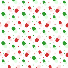 Wall Mural - Medicine seamless pattern.Christmas seamless pattern with green and red pills capsule isolated on white background..Vector graphic illustration abstract wallpaper.