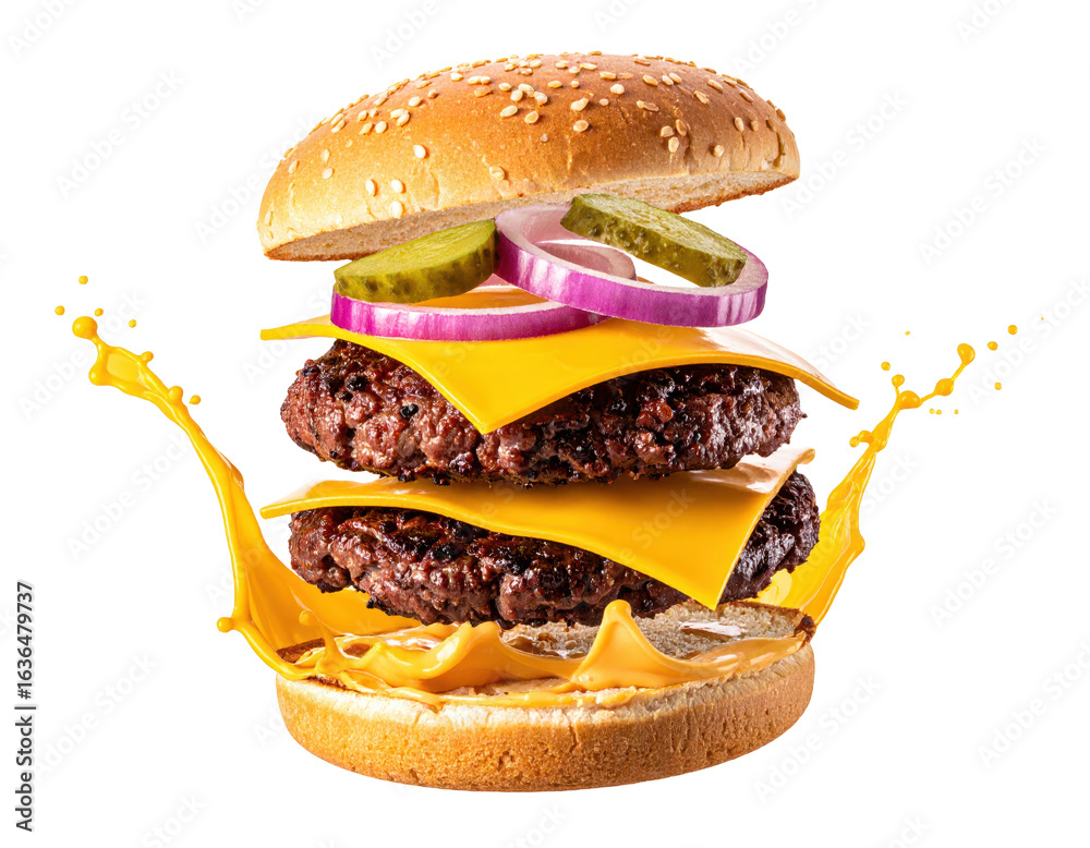 Exploded View of Double Cheeseburger with Plain Bun, Juicy Patties ...