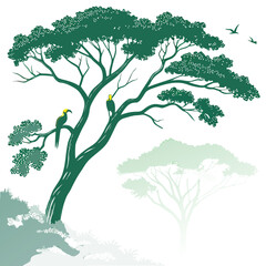 two toucans perched on a large green tree with smaller trees and birds flying in the background