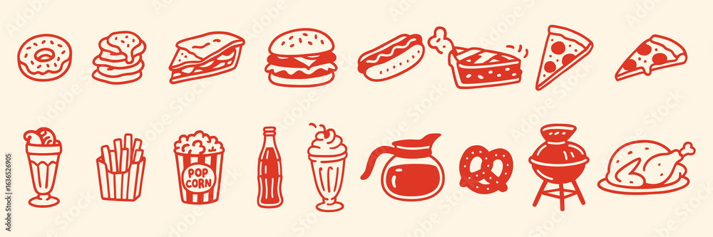 Pixel Art Fast Food Icon Set. Red 8-bit vector illustration of a burger ...
