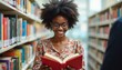 © Maryna - Smiling woman with afro hair and glasses reads book in colorful library surrounded by shelves of books. She wears a floral print top, conveying engagement, learning, and intellectual curiosity.