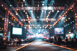 © foto Art - Defocused indoor stage with vibrant orange spotlights and runway path, perfect for fashion show or event design mockup
