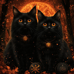 Naklejka na meble Two Mystical Black Cats with Glowing Amulets in Enchanted Autumn Forest – Halloween Magical Scene