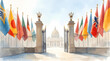 © Olena Liulko - A magnificent set of open gates flanked by a multitude of international flags, leading to a grand classical building under a bright, clear sky