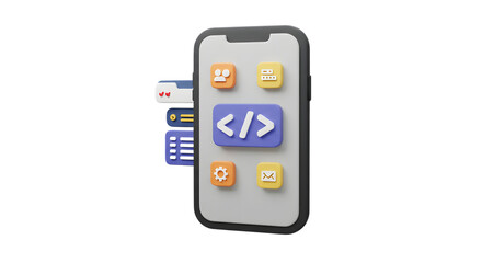 Modern smartphone displaying coding app icon and other application icons isolated on transparent background