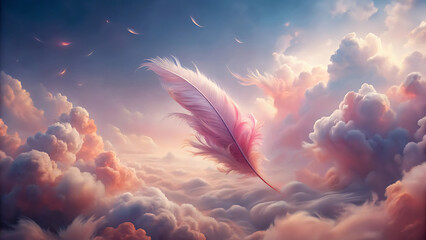 Wall Mural - Pink Feather Drifting Over Dreamy Clouds Soft And Light
