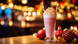 © Chopang.studio - Pink milkshake with whipped cream and two striped straws on wooden table with festive red Christmas ornaments and warm bokeh lights in background creating cozy holiday mood