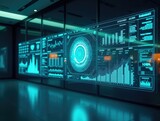 High-tech digital dashboard on glass wall showing AI analytics.