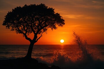 Wall Mural - Silhouette of a Tree Against a Sunset Ocean Wave