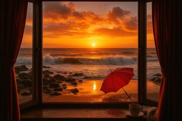 Wall Mural - a red umbrella on a tranquil beach at sunset