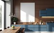 © guo - Blank poster mockup on dark wood wall in modern kitchen interior with blue cabinets, minimalist dining area and clean design layout concept. 3D Rendering. High quality