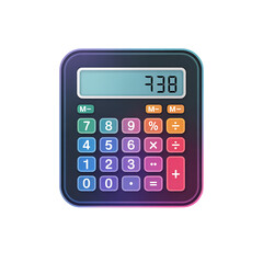 Modern digital calculator with colorful buttons and a clear display screen isolated on transparent background