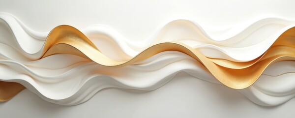 Poster - Abstract composition featuring flowing waves of white, golden fabric. Smooth textures create luxurious, elegant, dynamic visual. Design blends soft curves with shiny metallic sheen, perfect for